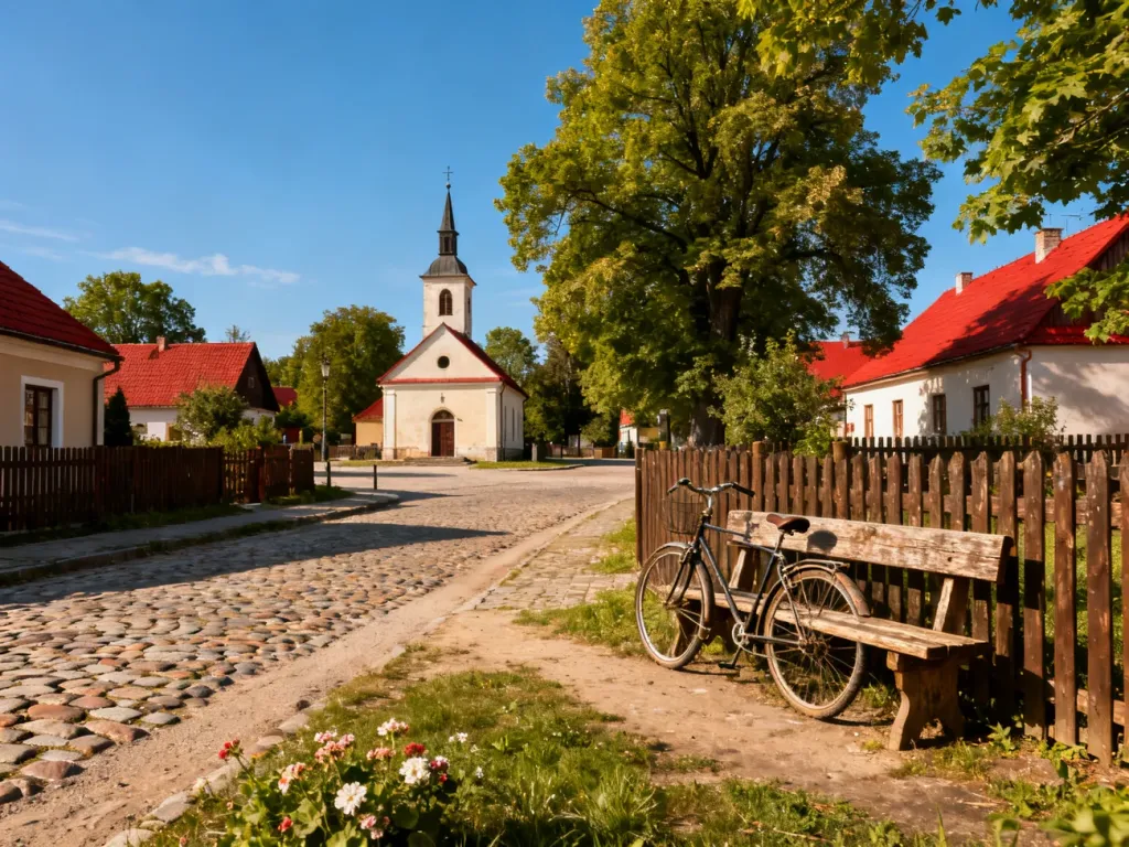 Senny rynek wiejskiej miejscowości z Rancza, brukowana droga, kościół, drewniane płoty i nostalgiczny, letni klimat