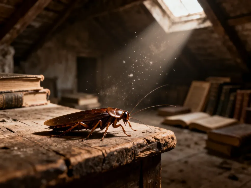 Karaczan siedzący na starym, drewnianym podłożu w klimatycznym, zakurzonym wnętrzu strychu.