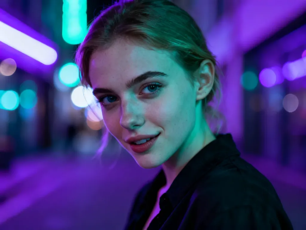 Młoda kobieta o tajemniczym, figlarnym spojrzeniu na tle nocnego miasta z neonowymi światłami w stylu estetyki freaky.