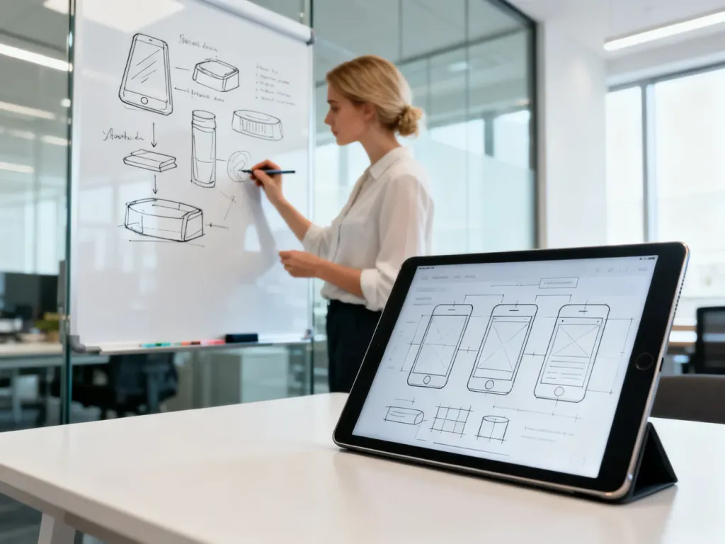 Minimalistyczne biurko z tabletem wyświetlającym prototyp aplikacji oraz kobieta planująca szkic produktu na tablicy.