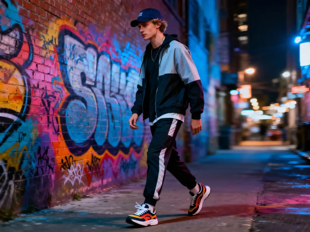 Młody mężczyzna w modnym streetwearze pewnie kroczący ulicą w otoczeniu graffiti, ilustrujący styl i pewność siebie.