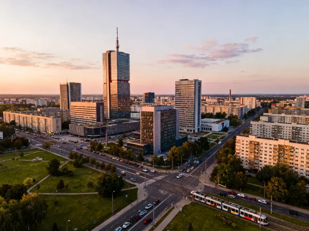 Zachód słońca nad nowoczesnym centrum Katowic, z gęstą zabudową, zielenią i ruchliwymi ulicami, no text on the picture