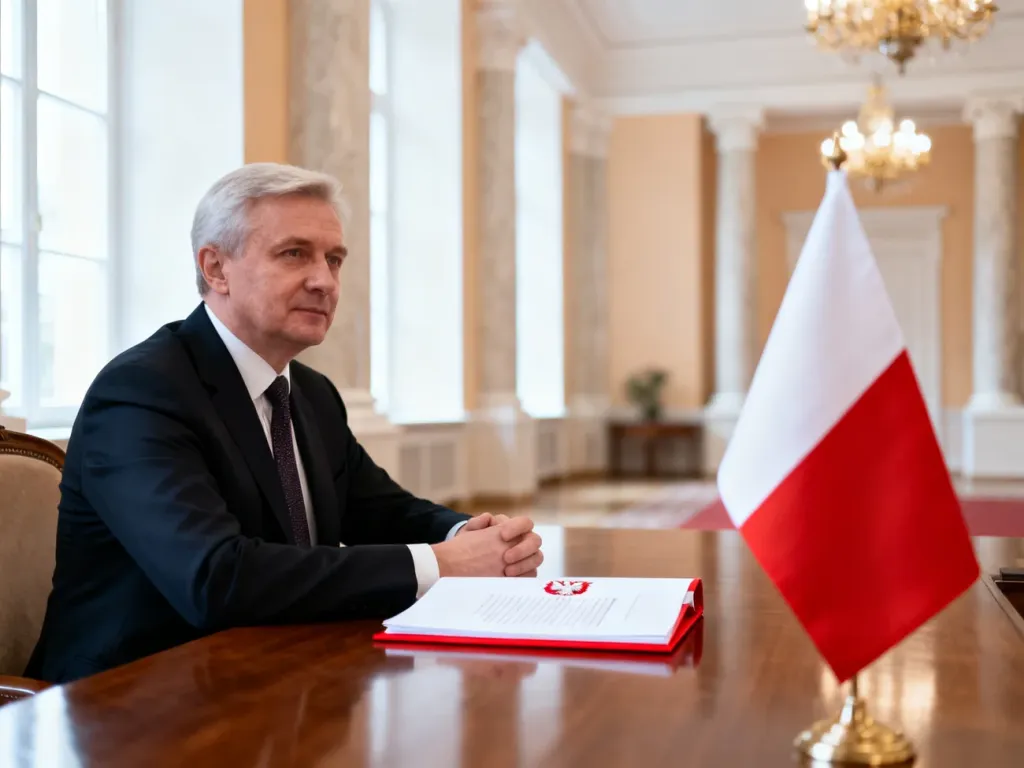 Mężczyzna w garniturze za biurkiem w prezydenckim gabinecie, z flagą Polski i oficjalnymi dokumentami, no text on the picture