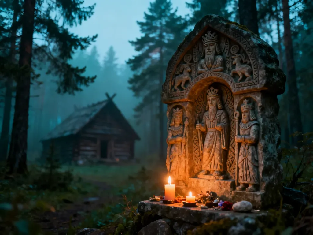 Kamienny ołtarz z wyrzeźbionymi słowiańskimi bóstwami w mrocznym lesie o zmierzchu, zapalonymi świecami i ofiarami, no text on the picture