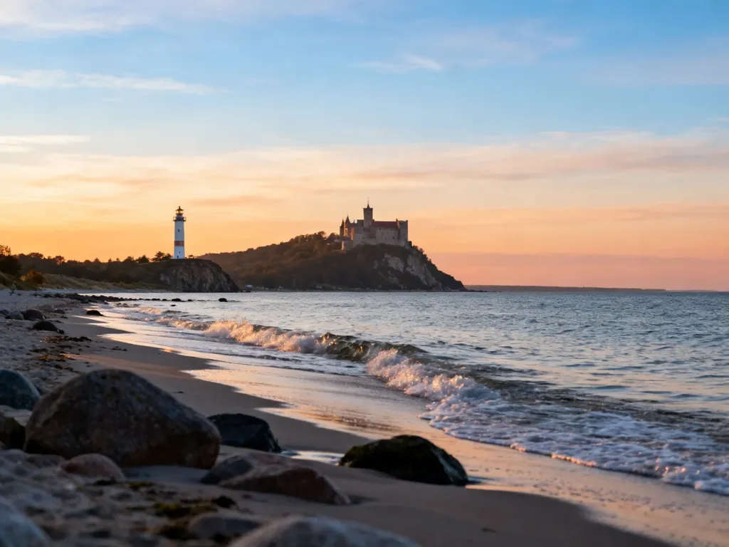 Bałtyckie wybrzeże o zachodzie słońca, fale przy skalistej plaży, w oddali latarnia morska i średniowieczny zamek, no text on the picture