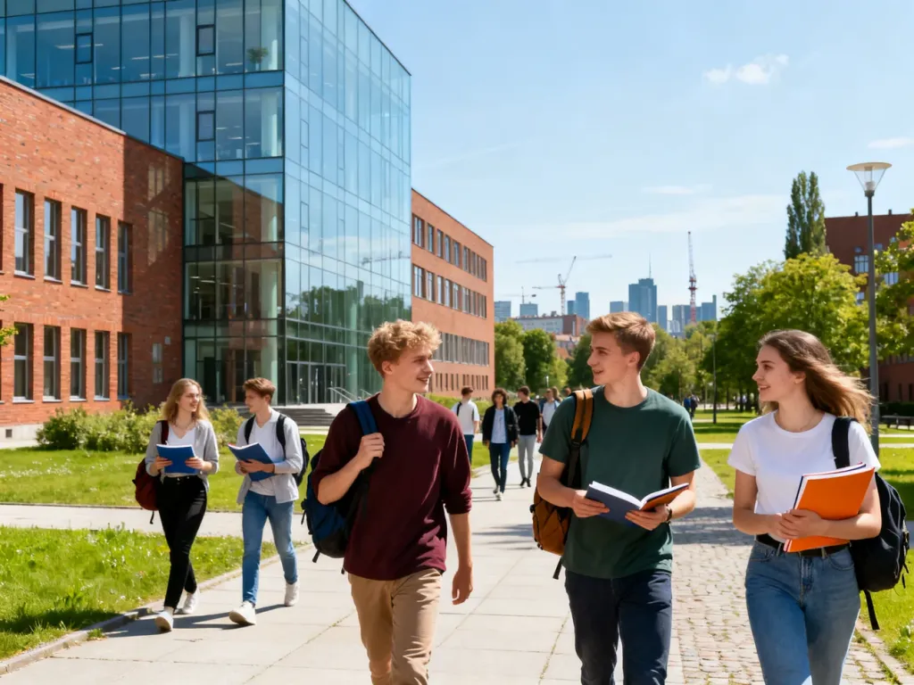 Studenci na nowoczesnym kampusie w Gdańsku spacerują między szklano‑ceglanymi budynkami uczelni, w słoneczny dzień. no text on the picture