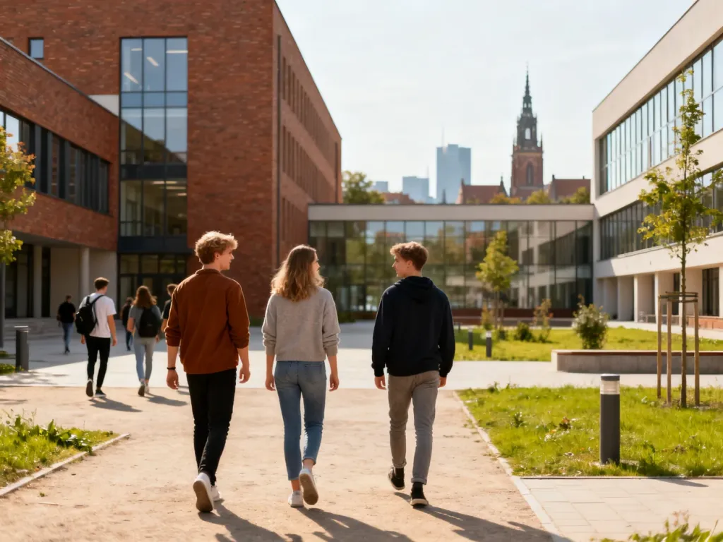 Studenci spacerują i rozmawiają na nowoczesnym kampusie we Wrocławiu, w otoczeniu zieleni i szklano‑ceglanych budynków, no text on the picture