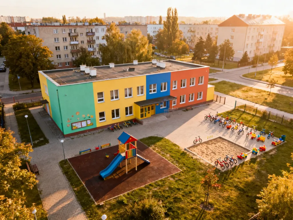 Kolorowe przedszkole z placem zabaw na tle osiedla mieszkaniowego w Polsce, w ciepłym porannym świetle, no text on the picture