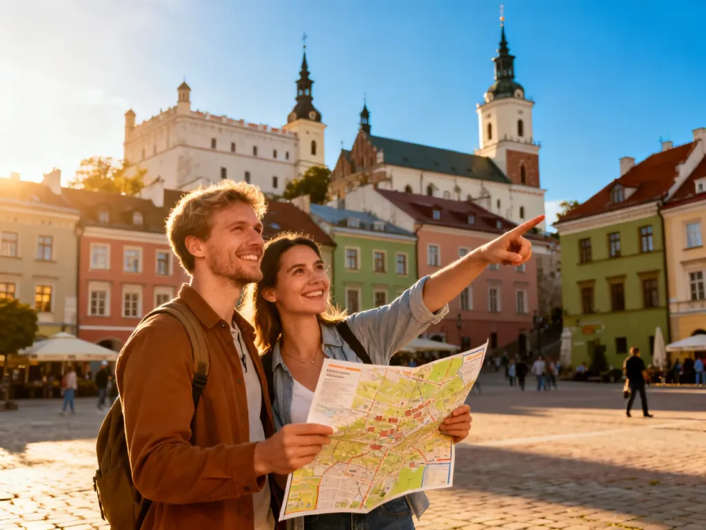 Para turystów z mapą zwiedzająca słoneczny, zabytkowy rynek Lublina z zamkiem i kolorowymi kamienicami, no text on the picture
